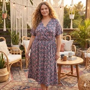 ModCloth Floral Faux Wrap Midi Dress Navy Pink Short Sleeve‎ Plus 4X Jersey Knit